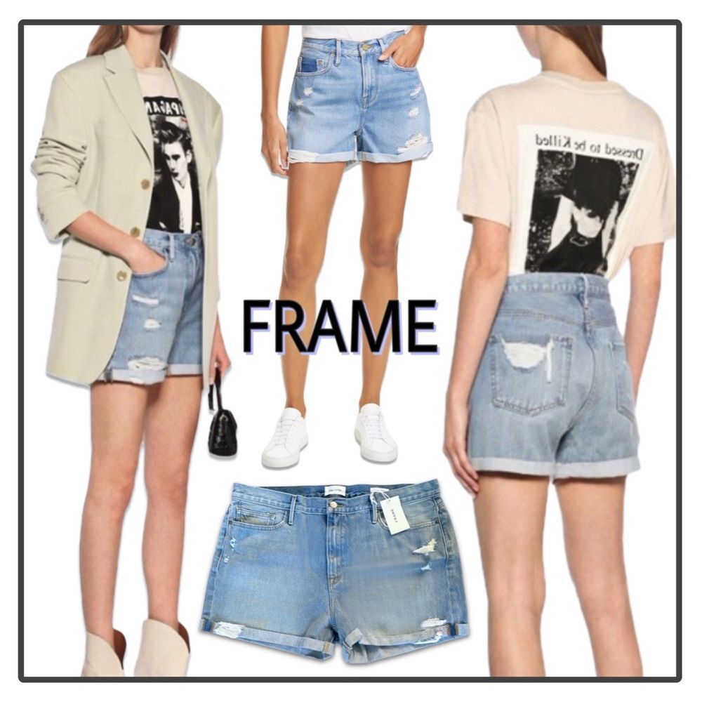 NWT Frame Denim Le Beau Distressed Cuffed Hem Jean Shorts in Elsey Rips